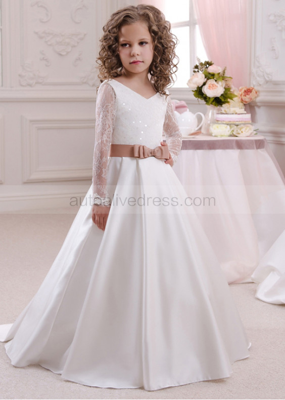 V Neck Long Sleeves Lace Satin Sweet Flower Girl Dress 